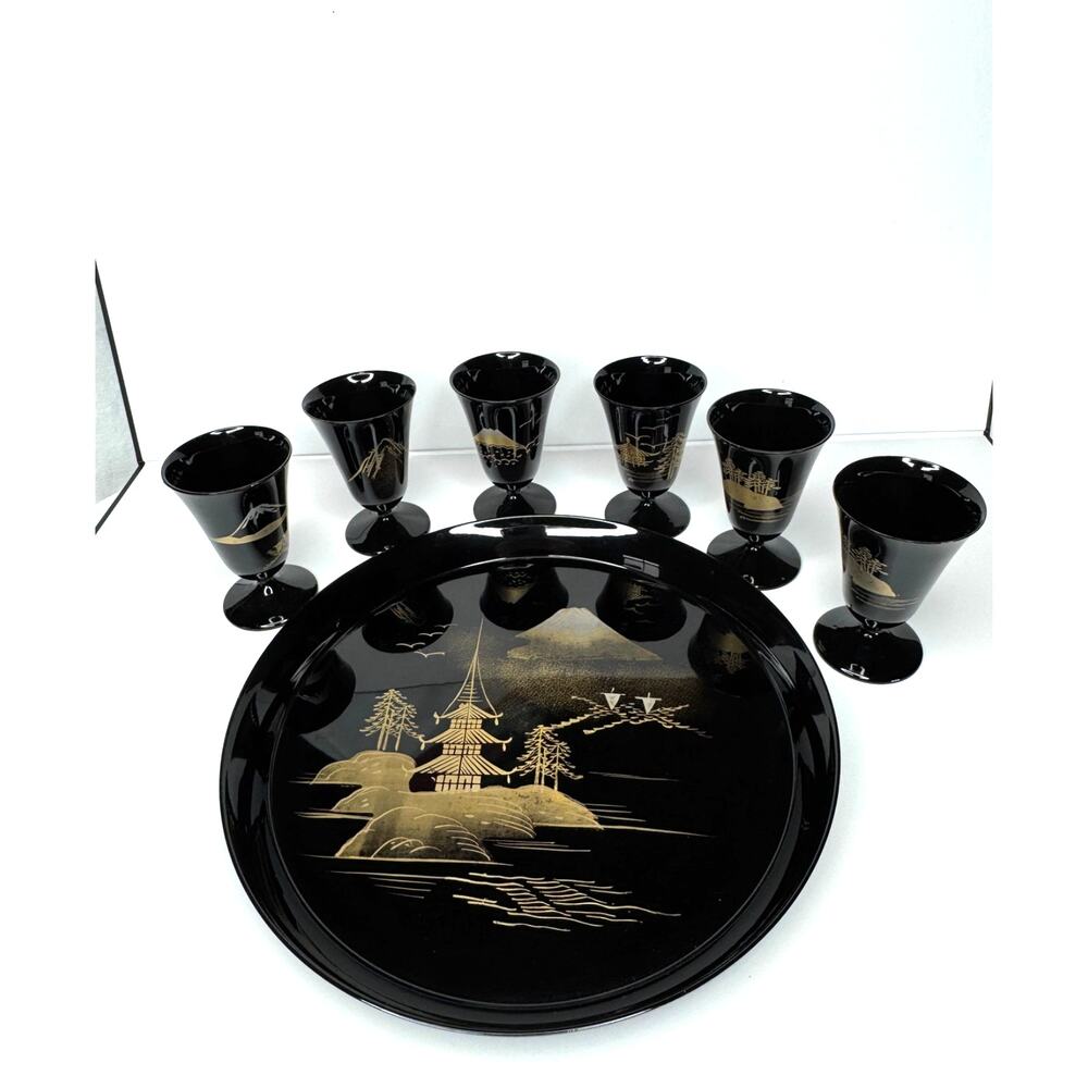 Authentic Japanese 7 Piece Sake Set Black Lacquerware Gold Village Scene